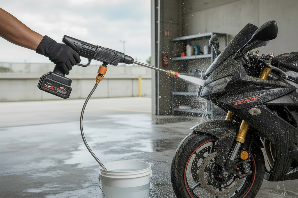Hidrolavadora lavando moto